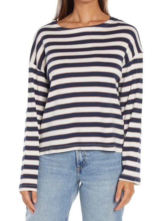 Three Dots Tops - Three Dots Rumi Long Sleeve Tee Brown White Striped Long Sleeve NWT
